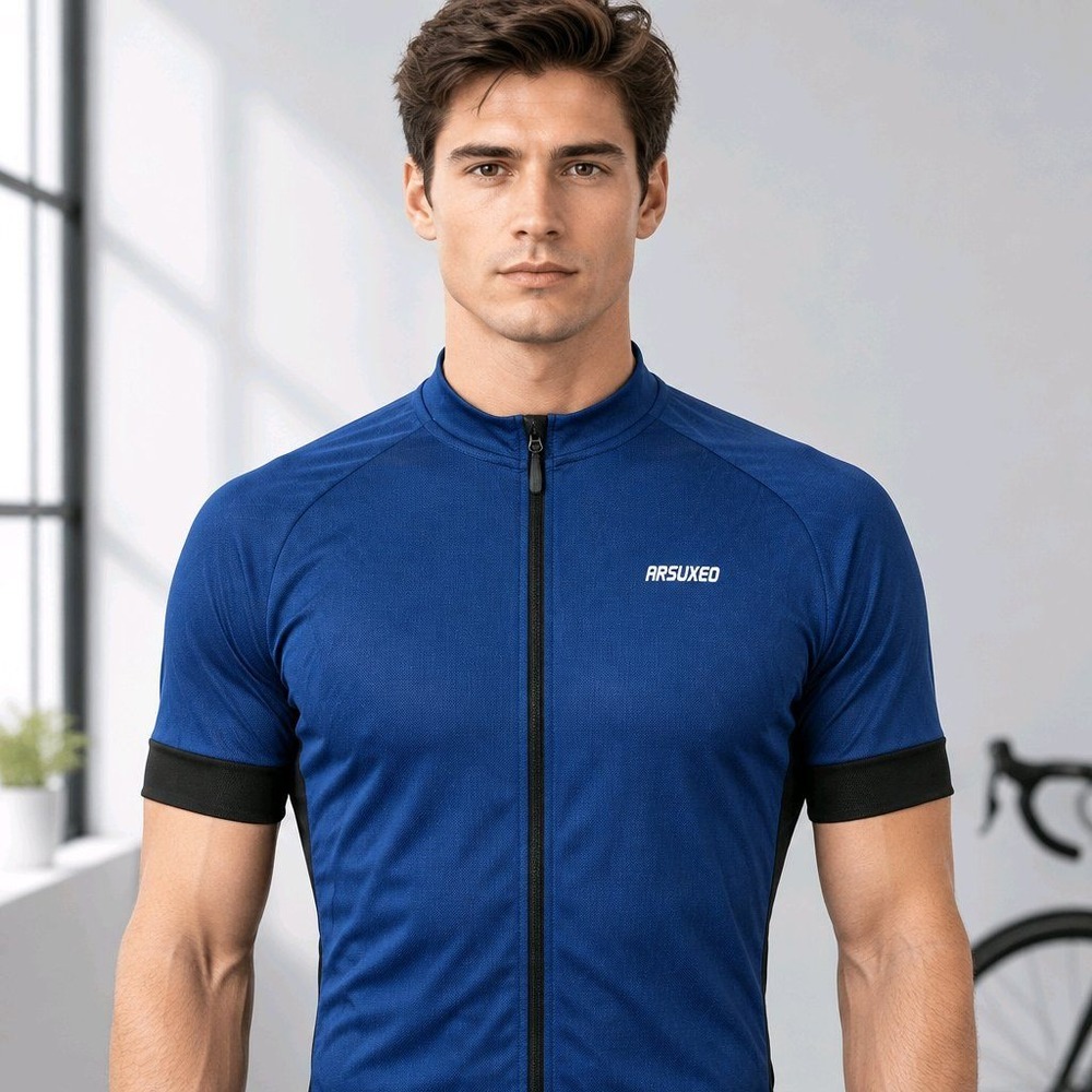 Arsuxeo Size M Blue Short Sleeve Full Zip Cycling Jersey Reflective Detail